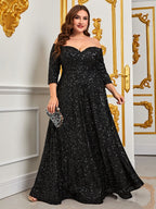 Women's Off-Shoulder Sequin A-Line Maxi Dress with Three Quarter Sleeves