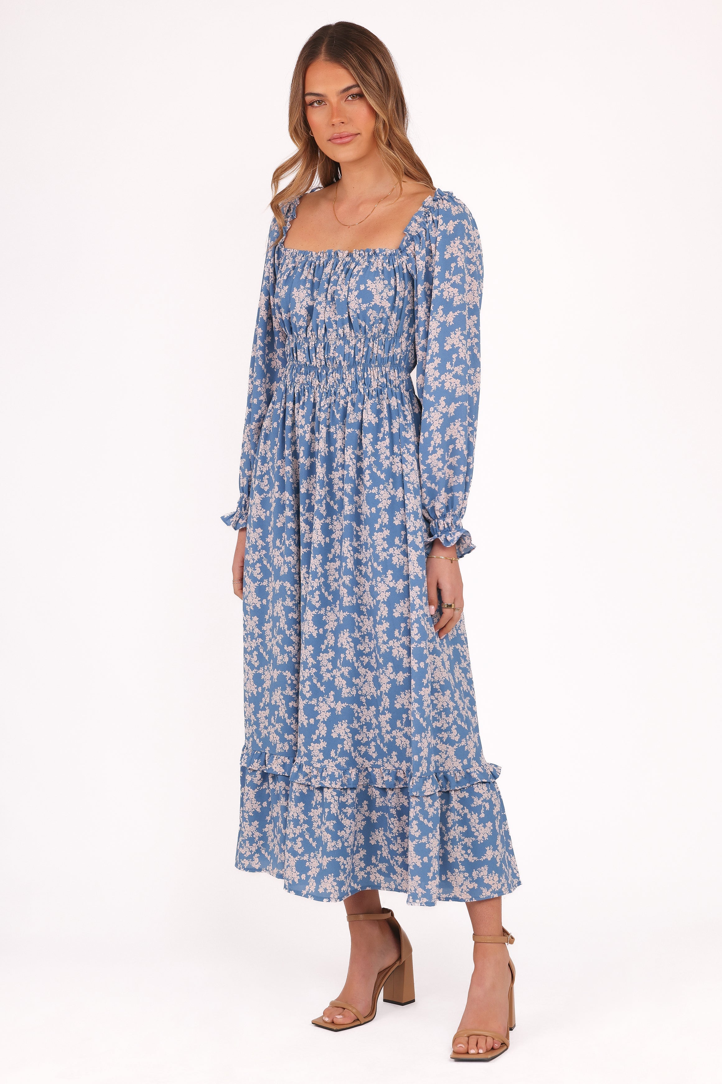 Women’s Off-Shoulder Blue Floral Midi Dress