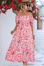 Women’s Off Shoulder Smocked Printed Midi Dress