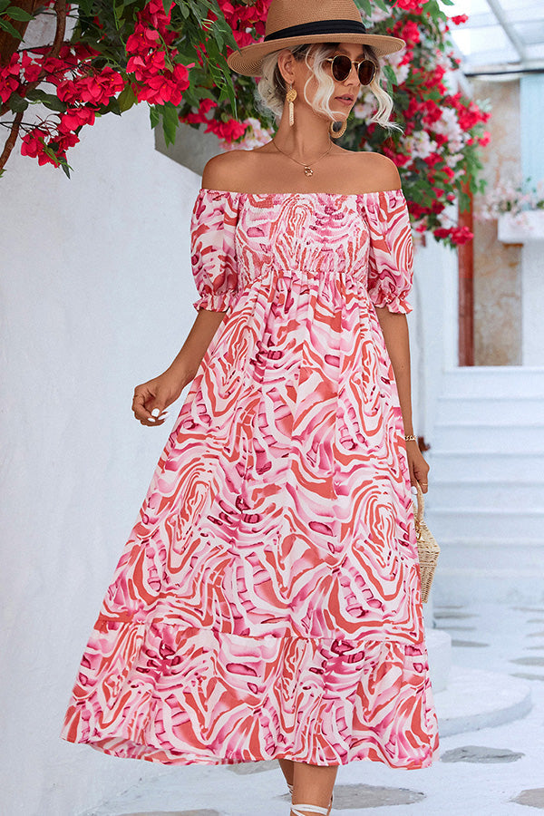 Women’s Off Shoulder Smocked Printed Midi Dress