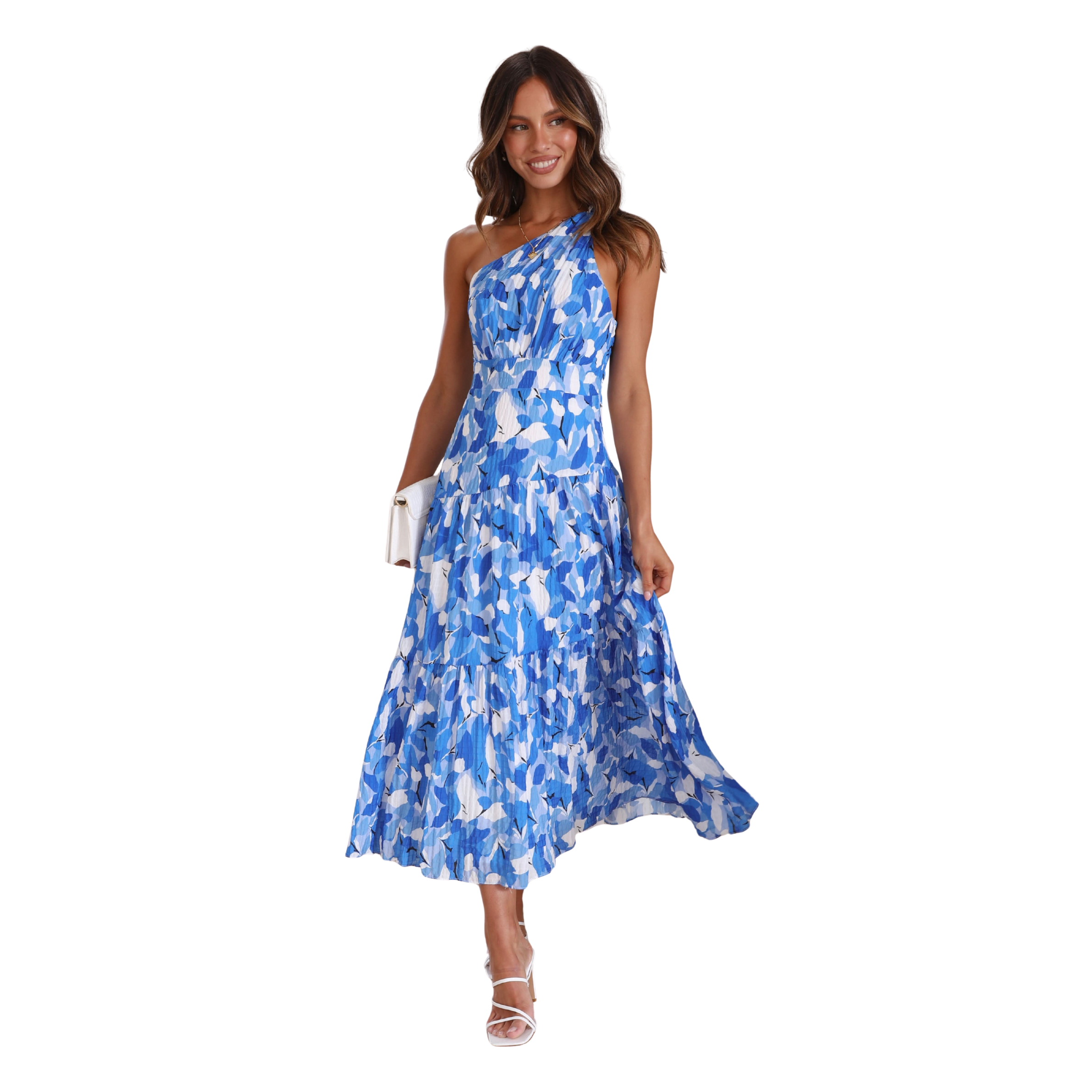 Women’s One-Shoulder Blue Floral Maxi Dress