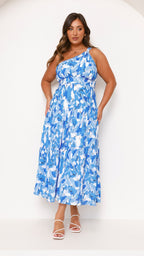 Women’s One-Shoulder Blue Floral Maxi Dress