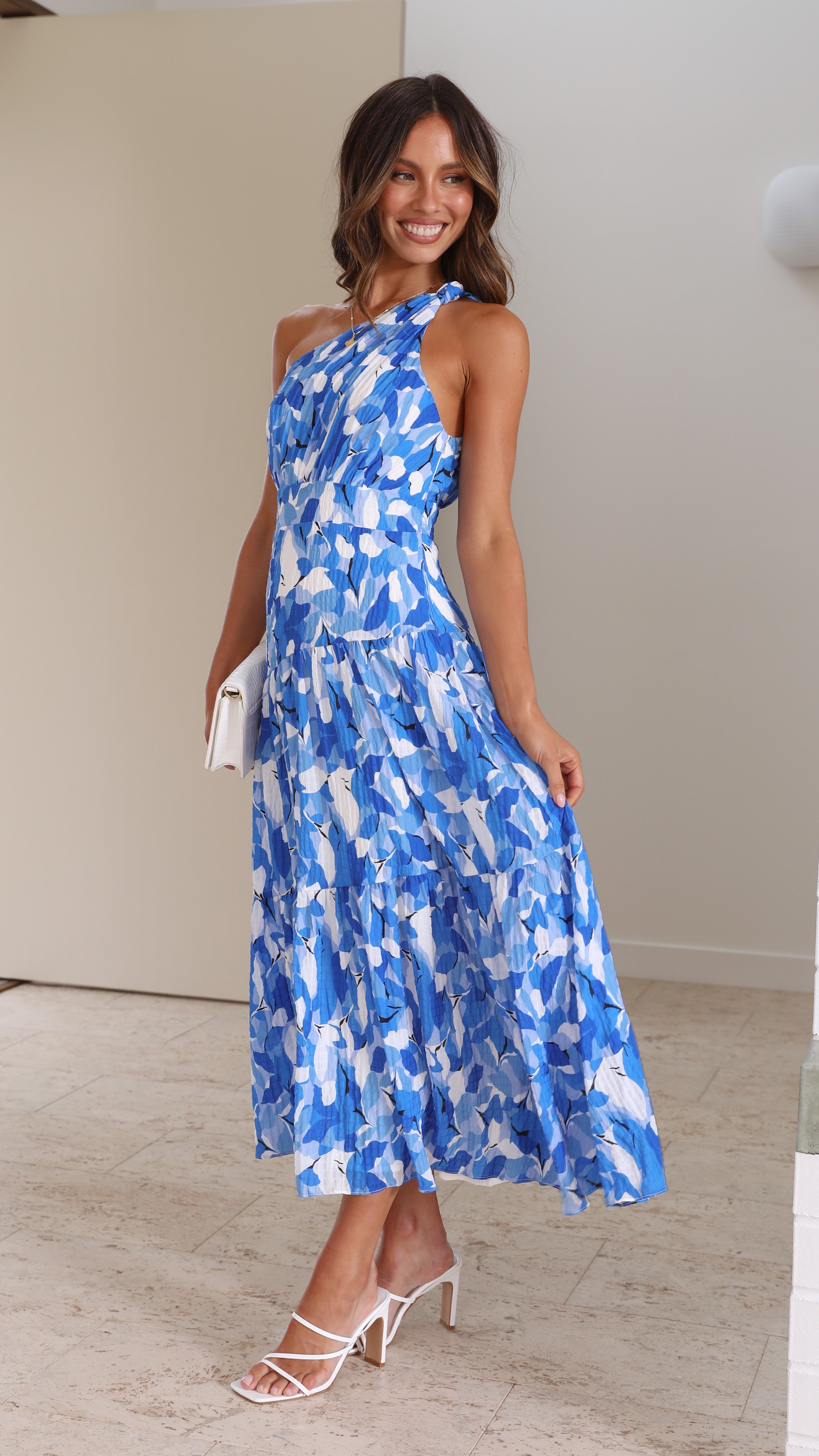 Women’s One-Shoulder Blue Floral Maxi Dress
