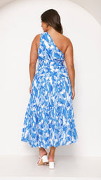 Women’s One-Shoulder Blue Floral Maxi Dress