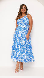 Women’s One-Shoulder Blue Floral Maxi Dress
