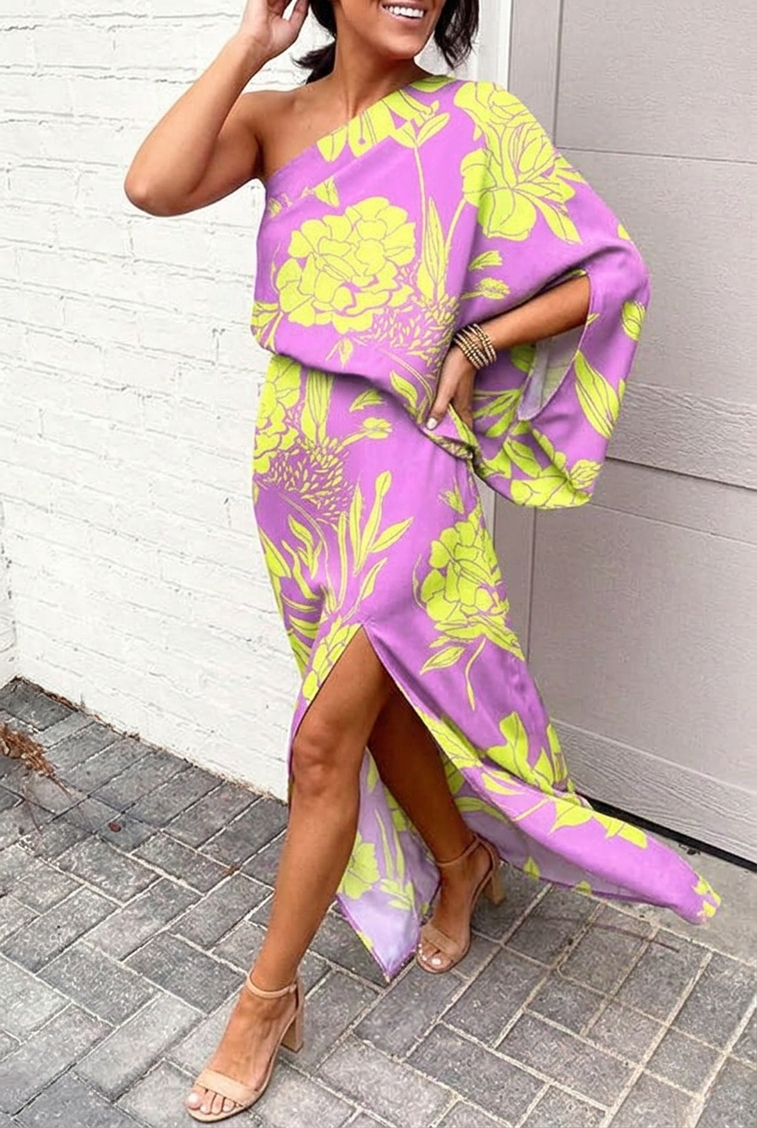 Women’s One-Shoulder Floral Maxi Dress with Side Slit