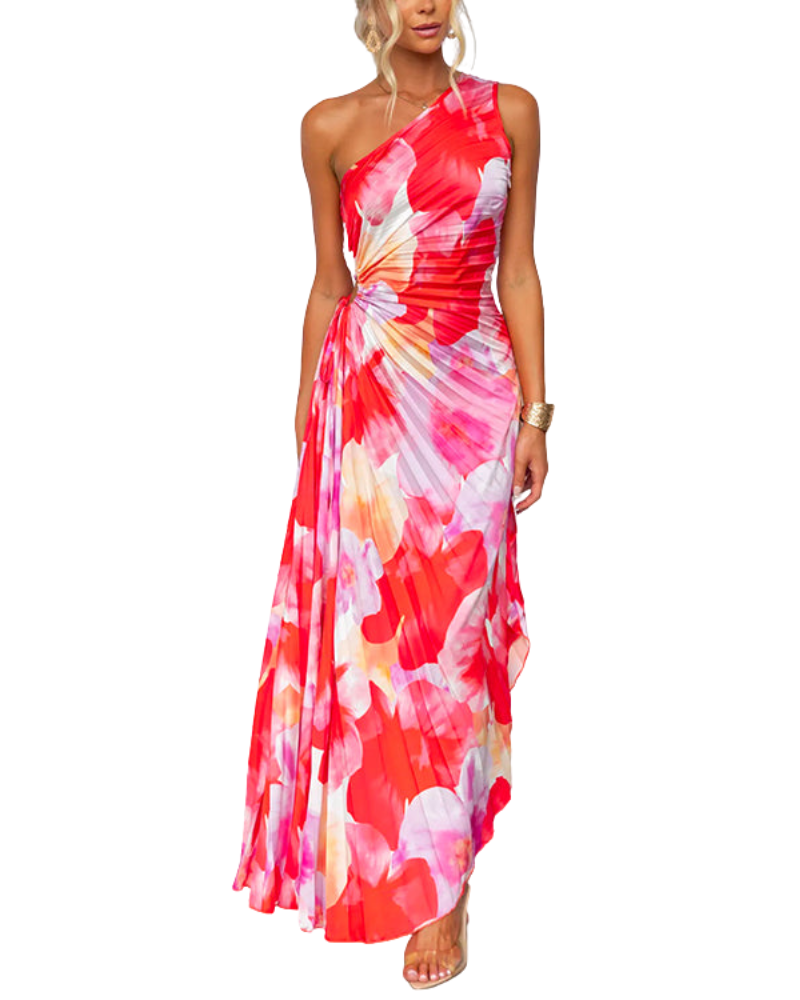 Women’s One Shoulder Printed Pleated Asymmetric Maxi Dress