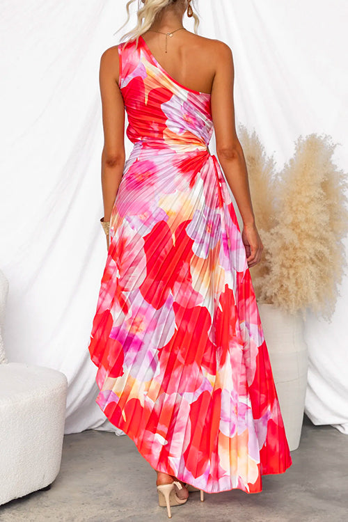 Women’s One Shoulder Printed Pleated Asymmetric Maxi Dress