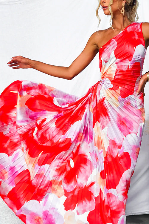 Women’s One Shoulder Printed Pleated Asymmetric Maxi Dress