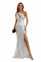Women’s One Shoulder Sequin Cut Out Split Front Maxi Dress
