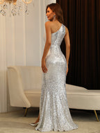 Women’s One Shoulder Sequin Cut Out Split Front Maxi Dress