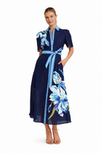 Women's Short Sleeve Floral Midi Dress with Tie Waist