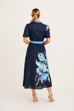Women's Short Sleeve Floral Midi Dress with Tie Waist