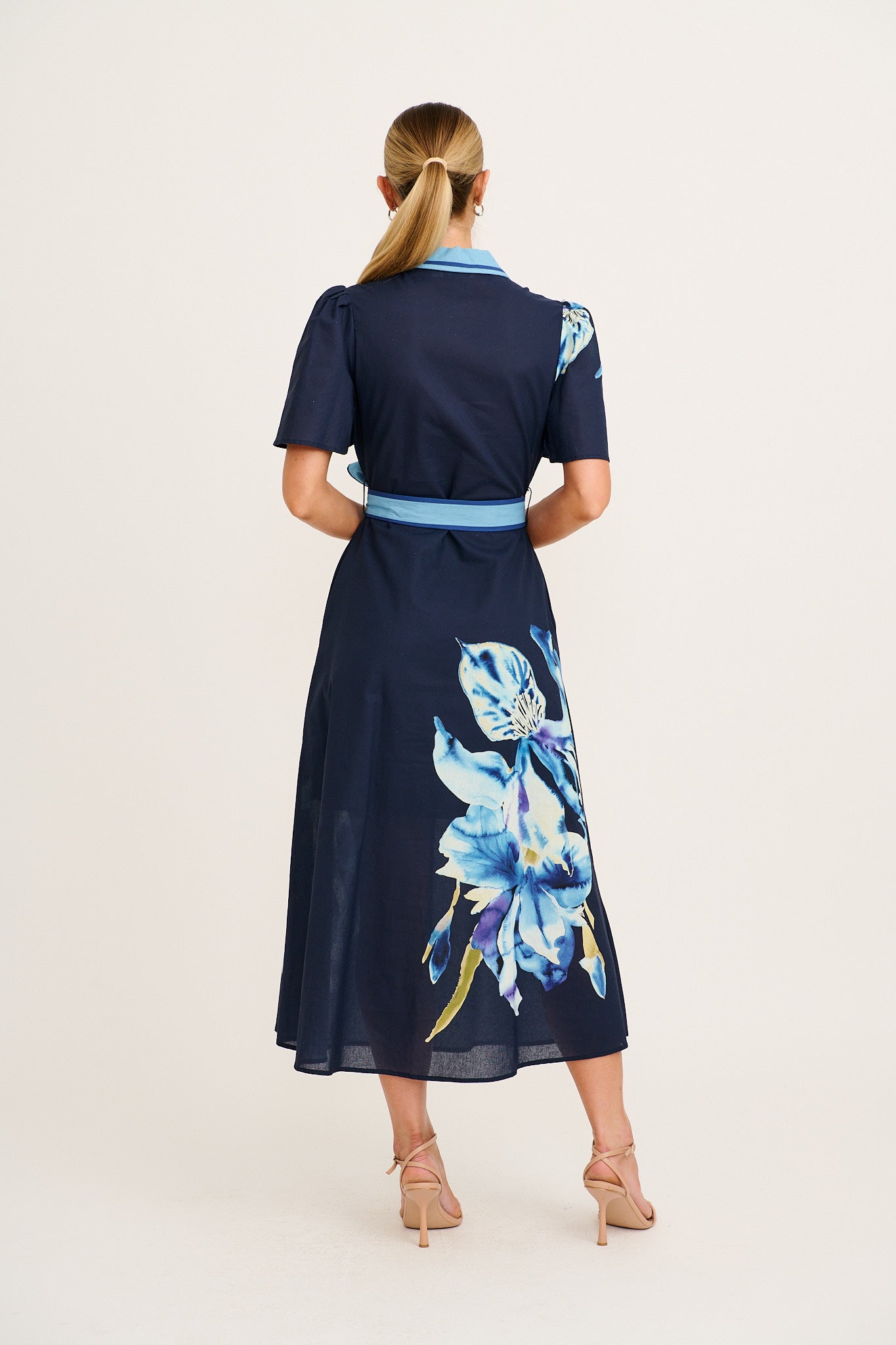 Women's Short Sleeve Floral Midi Dress with Tie Waist