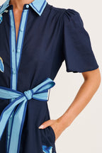 Women's Short Sleeve Floral Midi Dress with Tie Waist