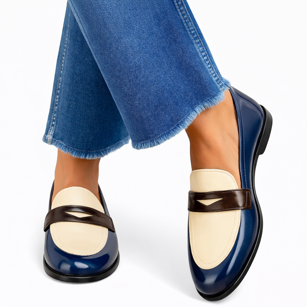 Women’s Rounded Toe Slip-On Loafers with Contrast Panel Strap