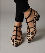 Women’s Pointed Toe Multi Strap Flats with Contrast Spot Pattern