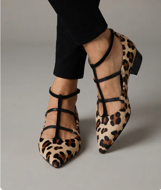 Women’s Pointed Toe Multi Strap Flats with Contrast Spot Pattern