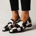 Women’s Rounded Toe Slip-On Loafers with Black and White Patch Pattern