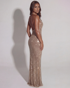 Women’s Halter Neck Deep V Sequin Maxi Dress