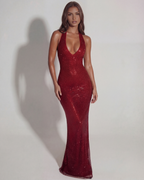 Women’s Halter Neck Deep V Sequin Maxi Dress