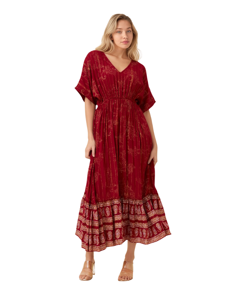 Women’s Printed Midi Dress with V-Neckline