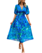 Women’s Printed Midi Summer Dress with V-Neckline and Short Sleeves