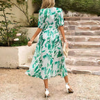 Women’s Printed Midi Summer Dress with V-Neckline and Short Sleeves