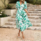 Women’s Printed Midi Summer Dress with V-Neckline and Short Sleeves