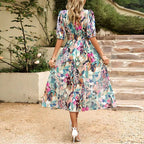 Women’s Printed Midi Summer Dress with V-Neckline and Short Sleeves
