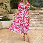 Women’s Printed Midi Summer Dress with V-Neckline and Short Sleeves