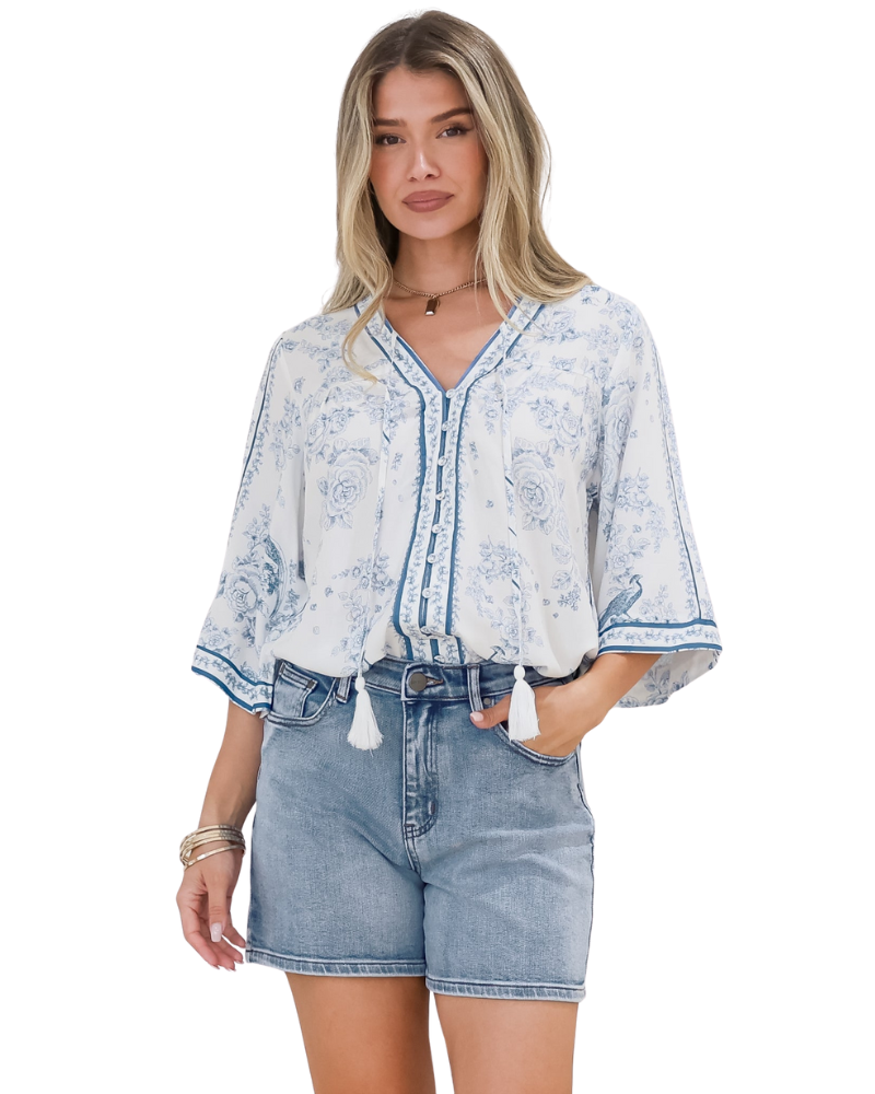 Women’s Printed V-Neck Button Front Blouse