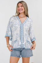 Women’s Printed V-Neck Button Front Blouse