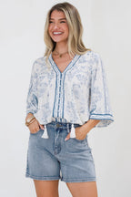 Women’s Printed V-Neck Button Front Blouse