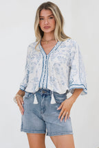 Women’s Printed V-Neck Button Front Blouse