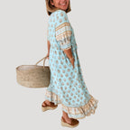 Women’s Printed V-Neck Midi Dress with Three-Quarter Sleeves