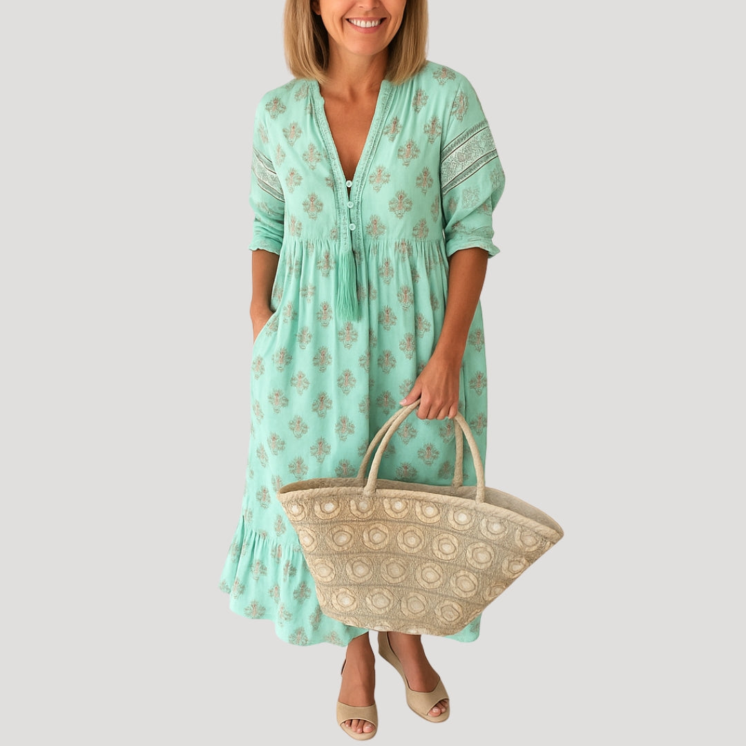 Women’s Printed V-Neck Midi Dress with Three-Quarter Sleeves