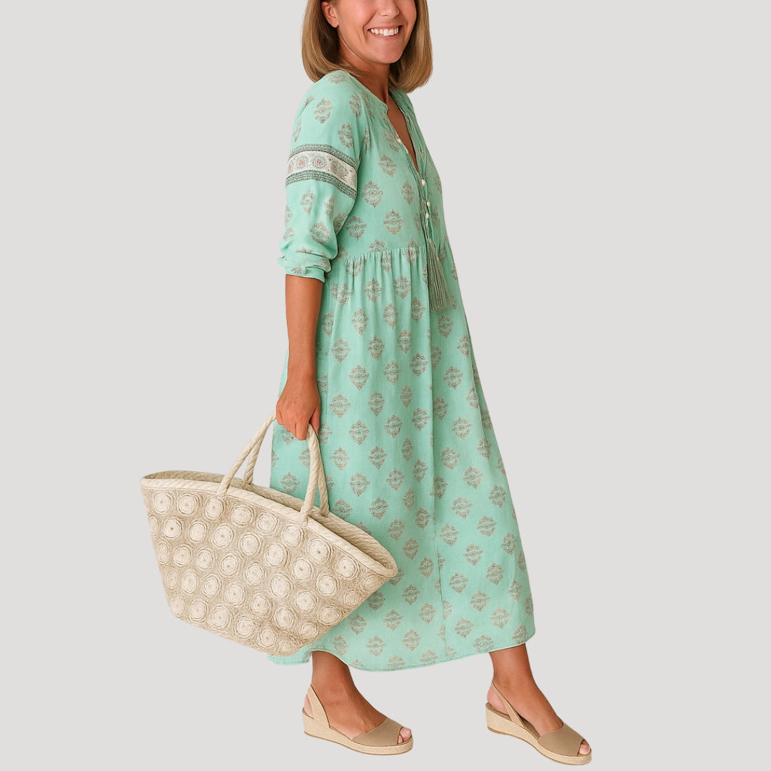 Women’s Printed V-Neck Midi Dress with Three-Quarter Sleeves