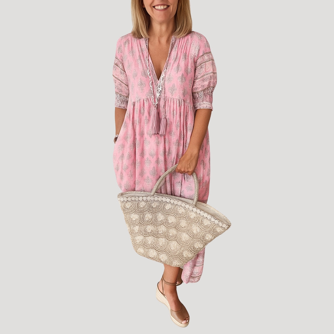 Women’s Printed V-Neck Midi Dress with Three-Quarter Sleeves