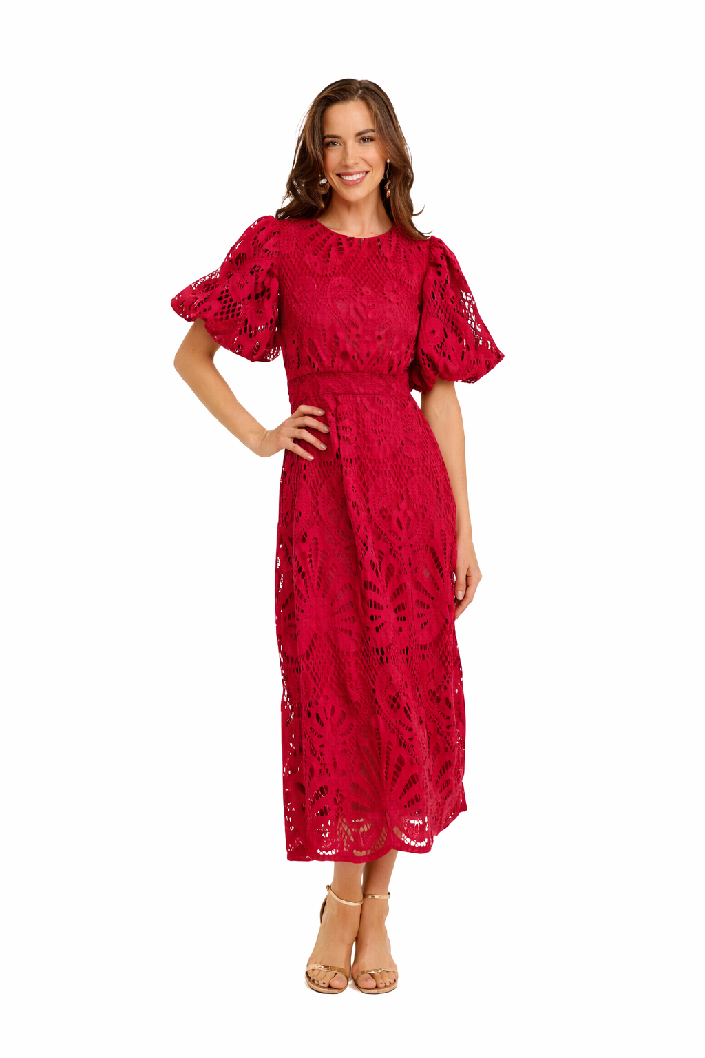 Women’s Cutwork Lace Puff Sleeve Waist Seam Midi Dress