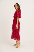 Women’s Cutwork Lace Puff Sleeve Waist Seam Midi Dress