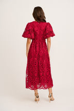 Women’s Cutwork Lace Puff Sleeve Waist Seam Midi Dress