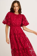 Women’s Cutwork Lace Puff Sleeve Waist Seam Midi Dress