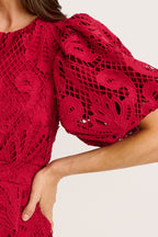 Women’s Cutwork Lace Puff Sleeve Waist Seam Midi Dress