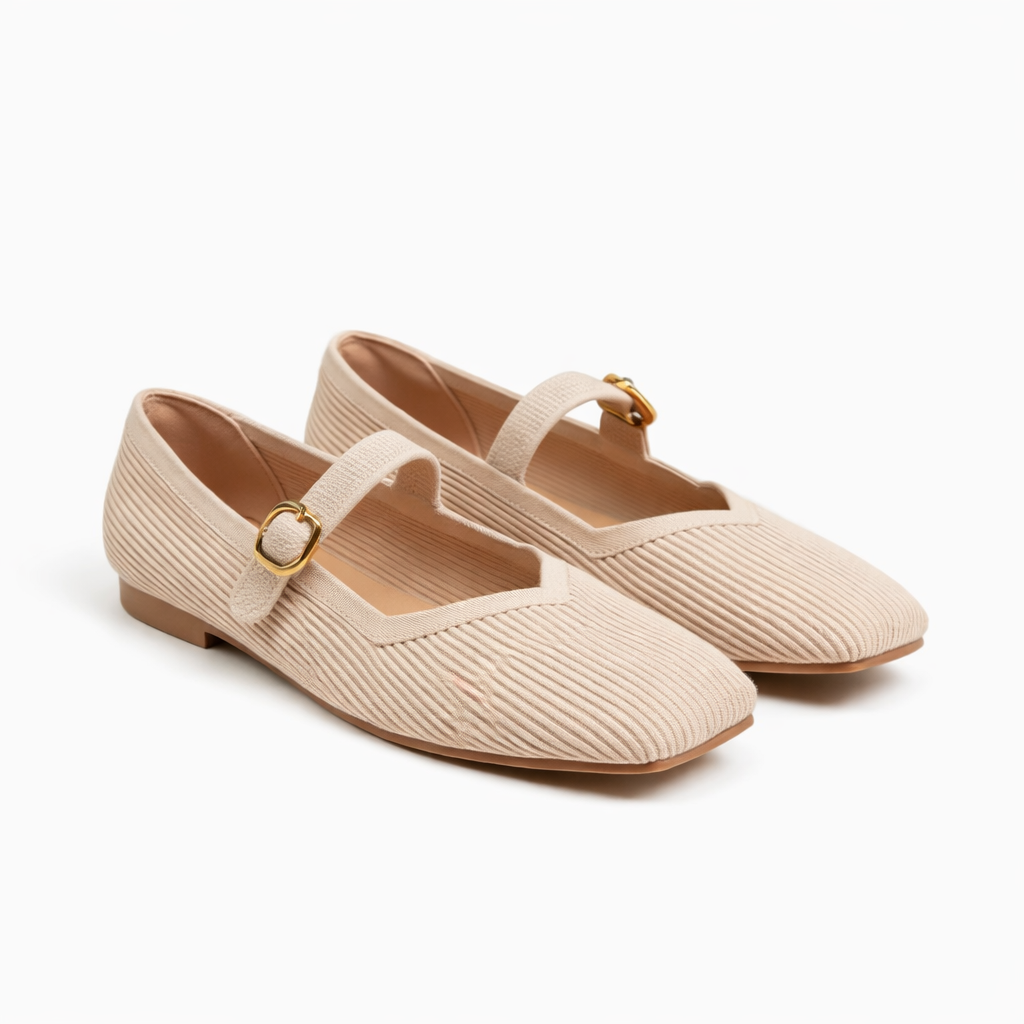 Women’s Square Toe Strap Flats with Ribbed Upper