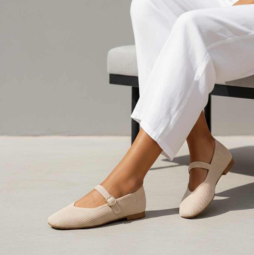 Women’s Square Toe Strap Flats with Ribbed Upper