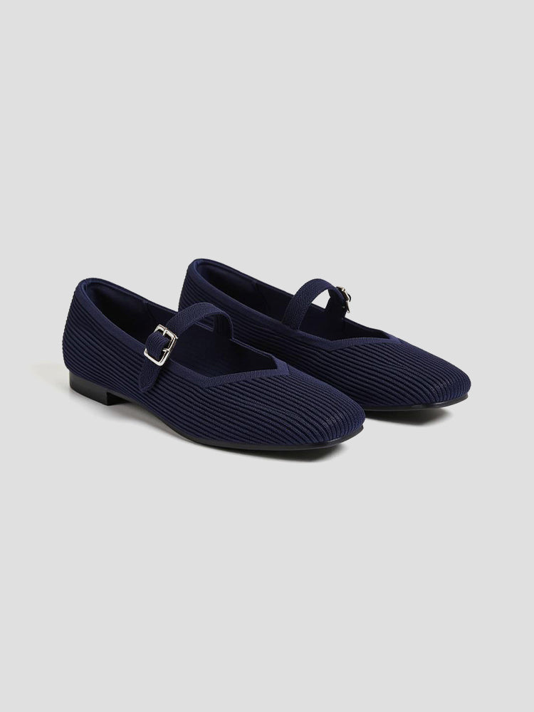 Women’s Square Toe Strap Flats with Ribbed Upper