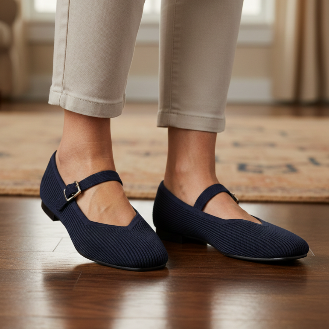 Women’s Square Toe Strap Flats with Ribbed Upper