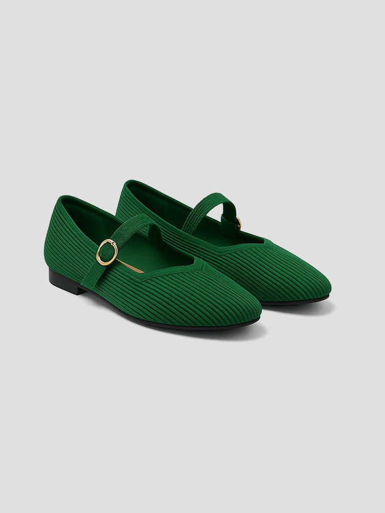 Women’s Square Toe Strap Flats with Ribbed Upper