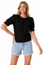 Women's Puff Sleeve Top with Round Neck and Back Keyhole